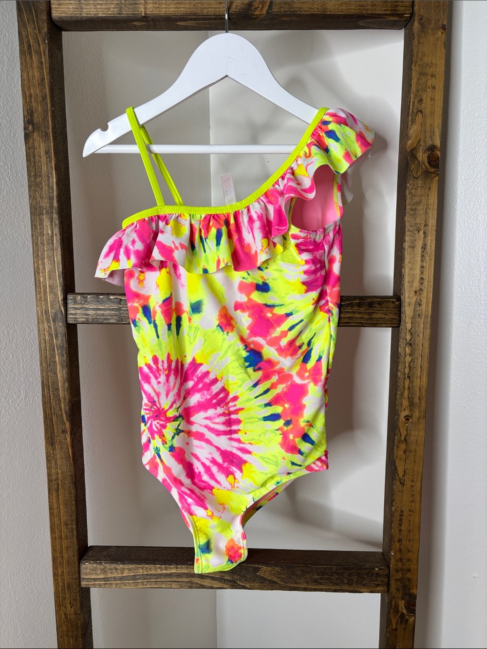 Limited Too Neon Pink & Yellow Tie-Dye One-Shoulder Ruffle Swimsuit
